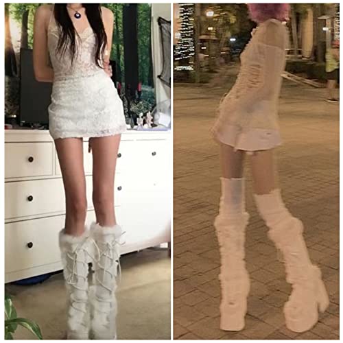 VIMISAOI Womens Mid Calf Boots, Lace Up Zip Block Chunky High Heel Punk Goth Warm Fur Winter Snow Platform Boots3