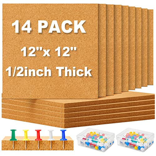 Cork Board Tiles 12 x 12 in 0.5 in Thick Square Bulletin Boards Cork Tiles Bulk with Push Pins Mini Natural Self Adhesive Backing Corkboards for Wall Home Office Floor DIY(14 Pcs)