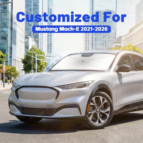 Image of Car Windshield Sun Shade for Ford Mustang Mach-E 2021-2026 -[Reflective Coated Fabric] Sunshade Umbrella for Front Window, Car Shades Sun Visor Keep Car Cool and Protects Interior, 1:1 Exact Fit