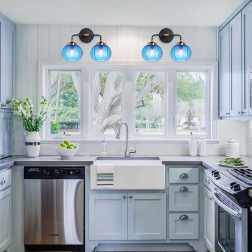 Image of Bathroom Light fixtures Over Mirror Mid Century Vanity Light with Blue Ribbed Glass Shade Globe Wall Sconce 2-Lights Modern Vanity Lights for Dining Room Bedroom Hallway Overhead
