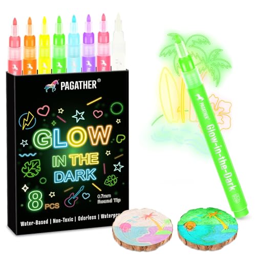 8 Colors Glow in the Dark Markers – 0.7mm Round Tip Neon Fluorescent Paint Pens for Rock Painting, Fabric, Glass, Wood, and DIY Crafts