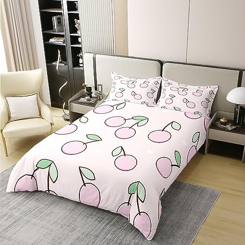Homewish Pink Cherry 100% Cotton Duvet Cover Single,Kawaii Summer Tropical Fruits Bedding Set,Cartoon Cute Cherries Comforter Cover,Farmhouse Rustic Bed Sets with 1 Pillowcase Bedroom Decor Soft - Image 2