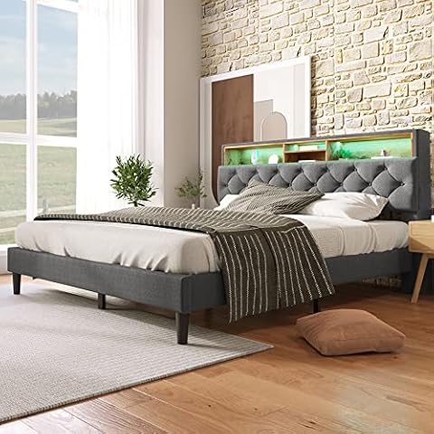 Moimhear Cama tapizada de 140 x 200 cm con almacenamiento y carga USB Cover