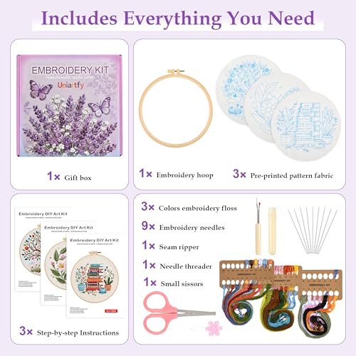 Image of Uniartfy 3 Set Embroidery Kit for Beginners, Butterfly Tree Book Patterns | Flower Stamped Cross Stitch Kits for Adults, Needle Point Kits with Hoop, Needles, Threads, Tools, Instruction & Video, Gift
