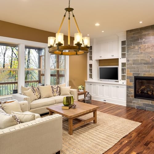 Rustic-Wagon-Wheel-Chandelier-with-Seeded-Glass-Shade-6-Light-Round-Dining-Room-Chandelier-Wood-Farmhouse-Light-Fixture-for-Living-Room-Kitchen-Island-Foyer-Entryway Rustic Wagon Wheel Chandelier with Seeded Glass Shade 6 Light Round Dining Room Chandelier Wood Farmhouse Light Fixture for Living Room Kitchen Island Foyer Entryway