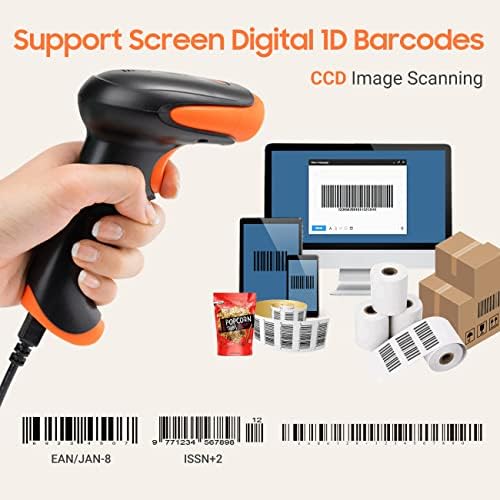 Tera Barcode Scanner CCD USB Wired 1D Handheld Bar Code Reader, Read Screen Digital Smartphone Barcode Plug and Play, 1500C