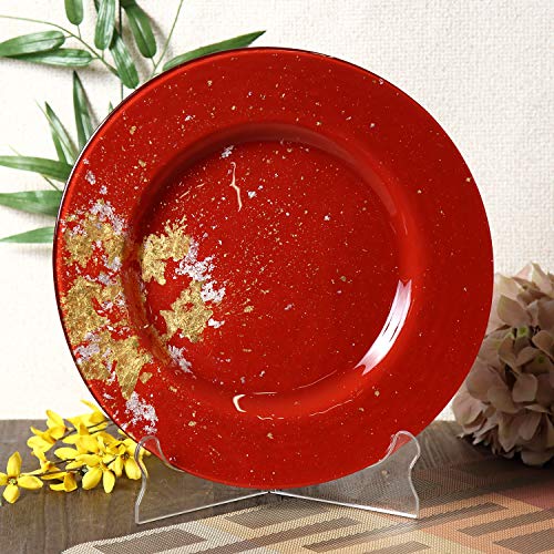 Syosaku Japanese Urushi Glass Dinner Plate Φ12.5-inch Vermilion with Gold Leaf, Dishwasher Safe, Dinner 12.5-inch (32cm) - Image 2