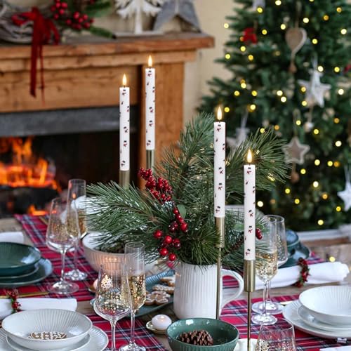 Image of GenSwin Christmas Taper Candles with Snowman Decals, 4 Pack LED Taper Candles with Timer, Real Wax Flickering LED Flickering Flameless Candlesticks with Christmas Prints for Home Decor(0.78 inch x 9.6 inch)