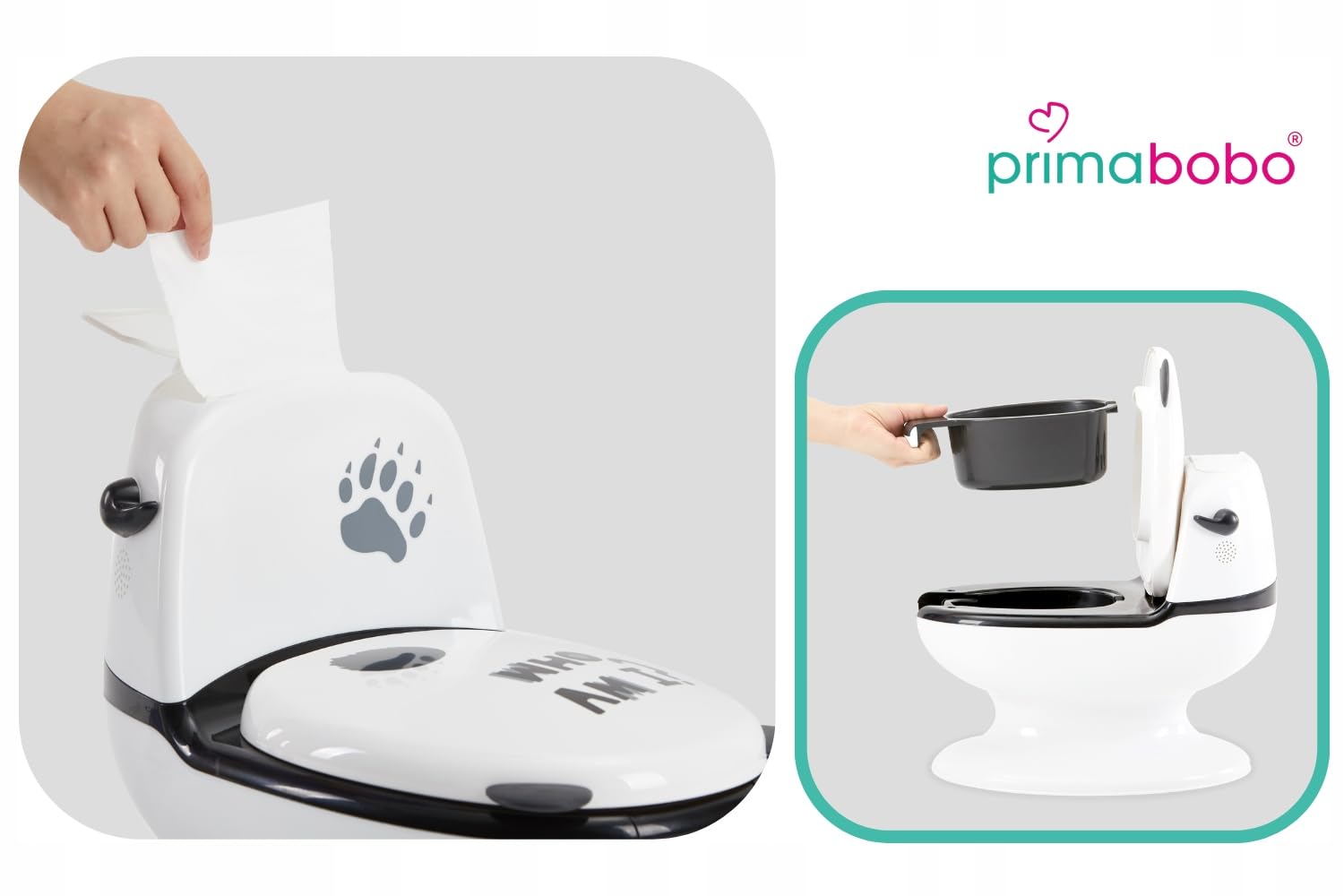 Primabobo Interaktiver Kindertopf PANDA mit Spülgeräusch, Lerntöpfchen für Kinder mit herausnehmbarem Einsatz, Deckel und Rückenlehne, ergonomischer Toilettentrainer ab 18 Monaten