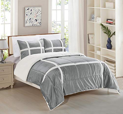 Elegant Comfort Softest, Coziest Heavy Weight Stripe Pattern Micromink Sherpa-Backing Premium Quality Down Alternative Micro-Suede 3-Piece Reversible Comforter Set, Full/Queen, Grey