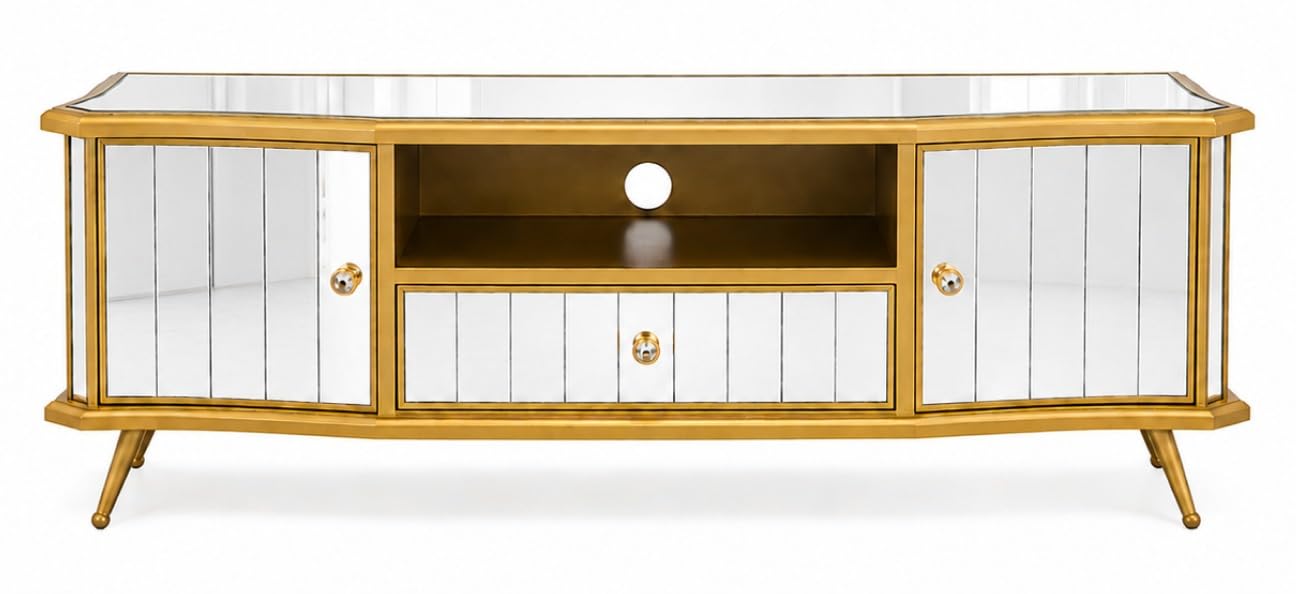 White & Brown Entertainment Unit | Mirrored TV Stand with Scalloped Doors | Contemporary Media Console Cabinet-image-0