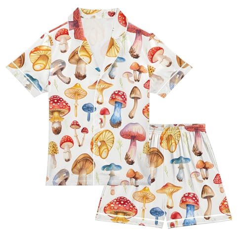 ALAZA Red Blue Yellow Mushroom Satin Pajamas Set Short Sleeve Button Down Sleepwear Summer Pjs 2 Piece