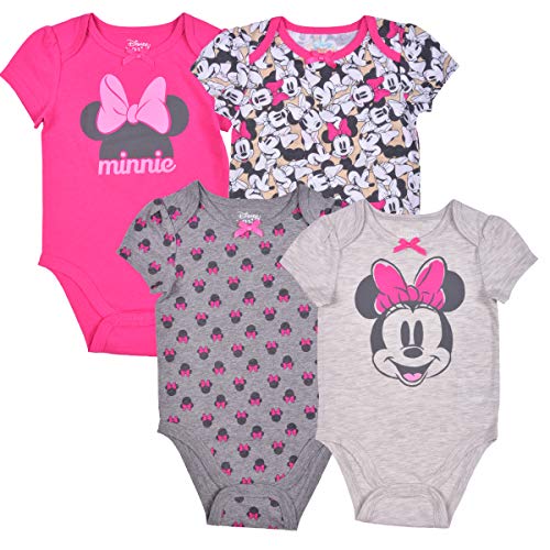 Image of Disney Minnie Mouse Girls’ 4 Pack Bodysuit for Newborn and Infant – Pink/Grey