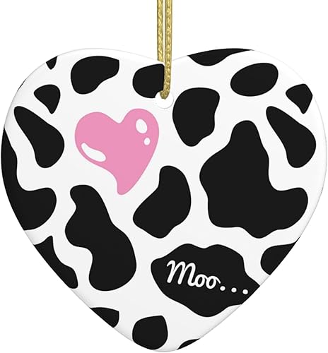 Adornos de Navidad de piel de vaca blanca y negra, corazón rosa, adorno de porcelana de corazón, decoraciones de cerámica, adornos colgantes para