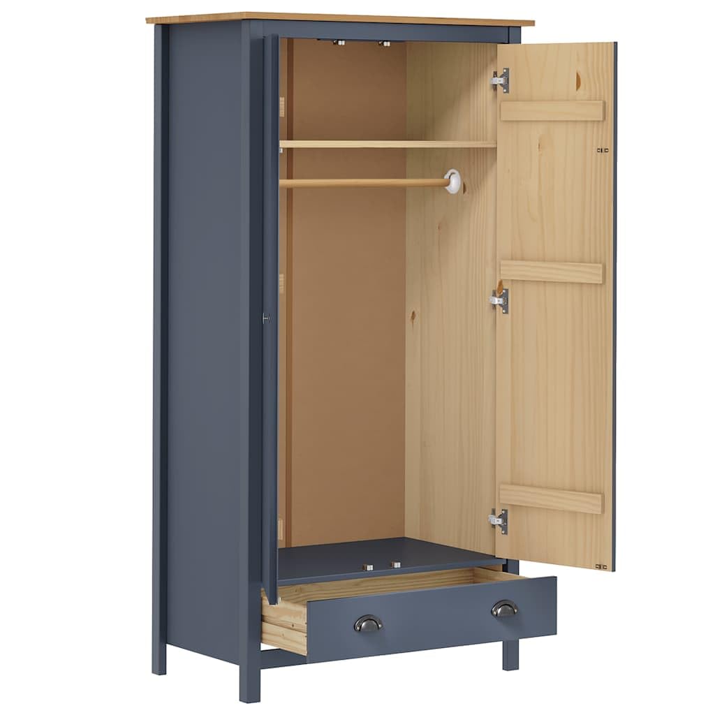 Armadio a 2 ante Hill grigio, 89 x 50 x 170 cm, in legno di pino massiccio, per camera da letto, corridoio e spogliatoio, con cassetto, asta appendiabiti e vano portaoggetti, facile da