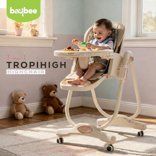 Image of Baybee 3-in-1 Baby High Chair with 4-Level Height Adjustment, Dining, Lounge & Recline Modes, 120-160 Backrest, Adjustable Footrest, One-Click Folding, Detachable Food & Toy Tray, 5-Point Harness & 360 Castor Wheels | Feeding Chair for 6 Months to 5 Years (Beige)