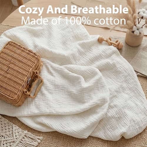 Image of Muslin Mini Crib Sheet (38 inchx24 inch), 100% Cotton Cover, Breathable & Soft Mattress Pad, Boho White for Boys Girls(1 Pack)
