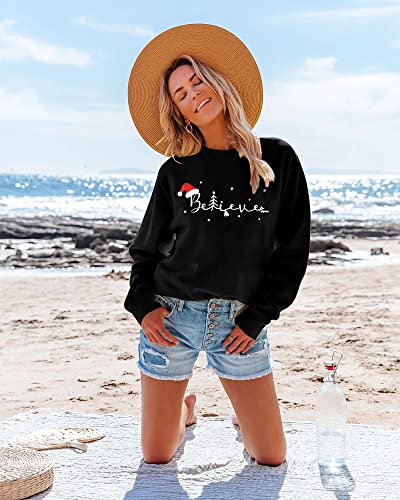 Believe Moletom feminino engraçado chapéu de Natal blusa gráfica casual manga longa pulôver Natal fé