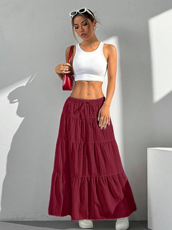 Image of Jawdrobe Women's Georgette Ruffle Hem Long Flared Skirt Lightweight Soft Fabric| High-Waisted Ruffled Maxi Plain and Pleated Skirt