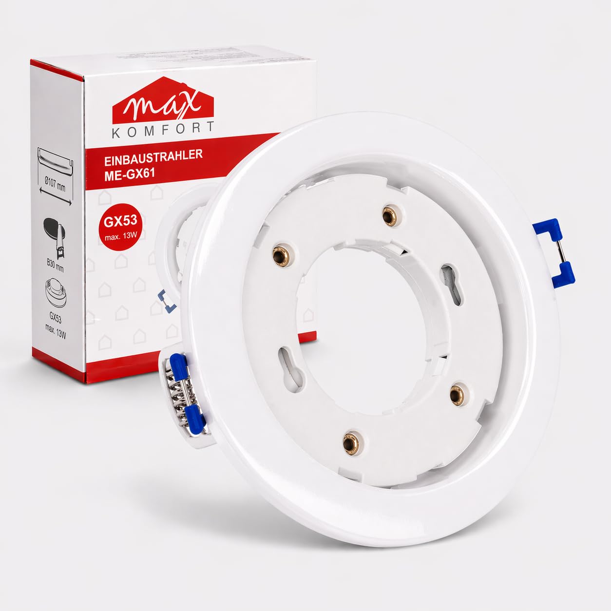 Maxkomfort 20er Set LED Einbaustrahler GX53 Fassung Weiß - Max 13W Einbauleuchte Deckenstrahler Ø90mm Bohrloch 35mm Flache Einbautiefe - Metall Deckenspot Einbauspot für Wohnzimmer Hausbau - GX61-WH