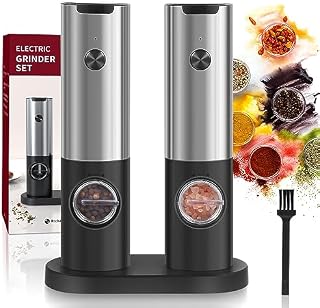 HEMOBAKY Electric Salt and Pepper Grinder Set with Wireless Recharging Base, Pepper Grinder with Adjustable Coarseness, Stainless Steel Mill with LED Light