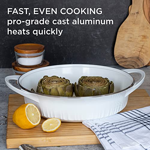 Corningware, Non-Stick 4 Quart Quickheat Braiser With Lid, Lightweight Braiser, Ceramic Non-Stick Interior Coating For Even Heat Cooking, Perfect For Browning, Searing And More, French White #TOP2