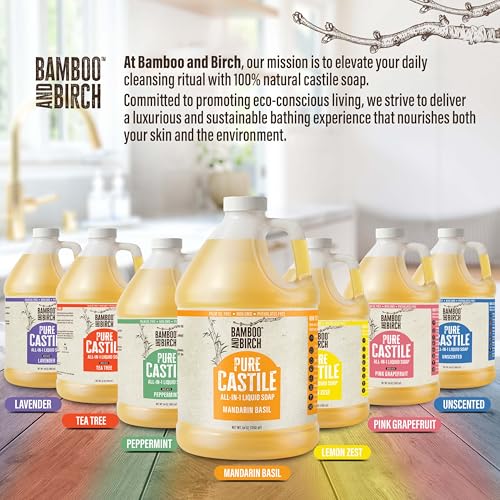 Image of BAMBOO AND BIRCH Pure Castile Soap Liquid, Certified Palm Oil Free Natural Soap, Mandarin Basil, 64 oz