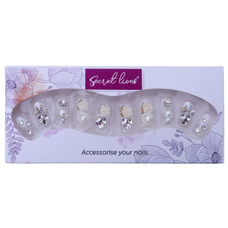 Image of Secret Lives acrylic press on nails designer artifical nails extension white color and 3d cream flower with silver crystals white pearls cream flower design 24 pieces set with glue sheet