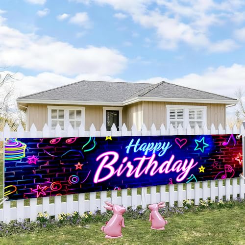 Image of Neon Happy Birthday Outdoor Banner 78.7 x 17.7 Inch Colorful Glow Letters with Music Notes Stars and Hearts Pattern Party Decoration for Yard Garden Fence Porch Patio or Outdoor Celebration Display