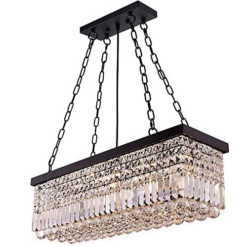 Wellmet Modern Crystal Chandeliers,5-Light Black Farmhouse Chandelier For Bedroom,Haning Dining Room Light Fixture,Rectangle Pendant Lighting For Living Room,Kitchen Island,Pool Table L30”X W9” #TOP26
