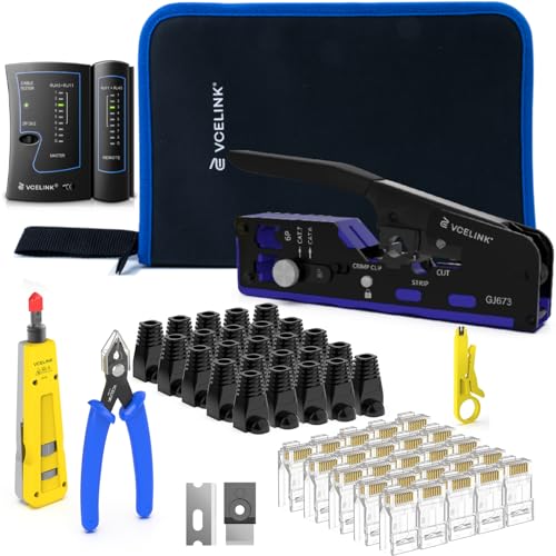 Image of VCELINK RJ45 Crimp Tool Kit for CAT7, Upgraded Network Tool Set with Ethernet Crimper, Cable Tester, 25 RJ45 End & Boots, Cable Tester, Cutter, Stripper and Keystone Puncher in a Cloth Bag, Blue