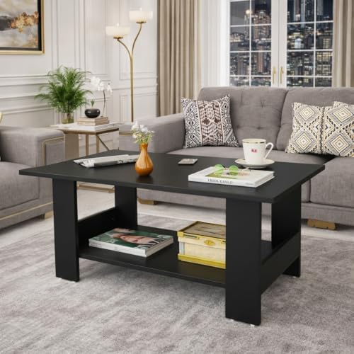 Image of Spyder Craft Modern Coffee Table with Open Storage Shelf - Minimalist Rectangular Center Table for Living Room, Office, and Lounge - Durable Engineered Wood, Easy Assembly (Black) (Assembly -DIY)