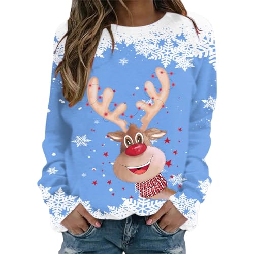 Weihnachts Sweatshirt Damen Oversized Sweatshirts Lustige Weihnachtspullover Christmas Sweater mit Weihnachten Elch Drucken Oberteile Elegant Langarmshirts Warme Pullover