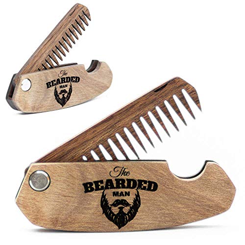 Wooden Beard Comb for Men Folding Pocket Comb for Moustache Beard & Hair Walnut Combs with the Engraving (Bearded) Wooden Beard Comb for Men Folding Pocket Comb for Moustache Beard & Hair Walnut Combs with the Engraving (Bearded)