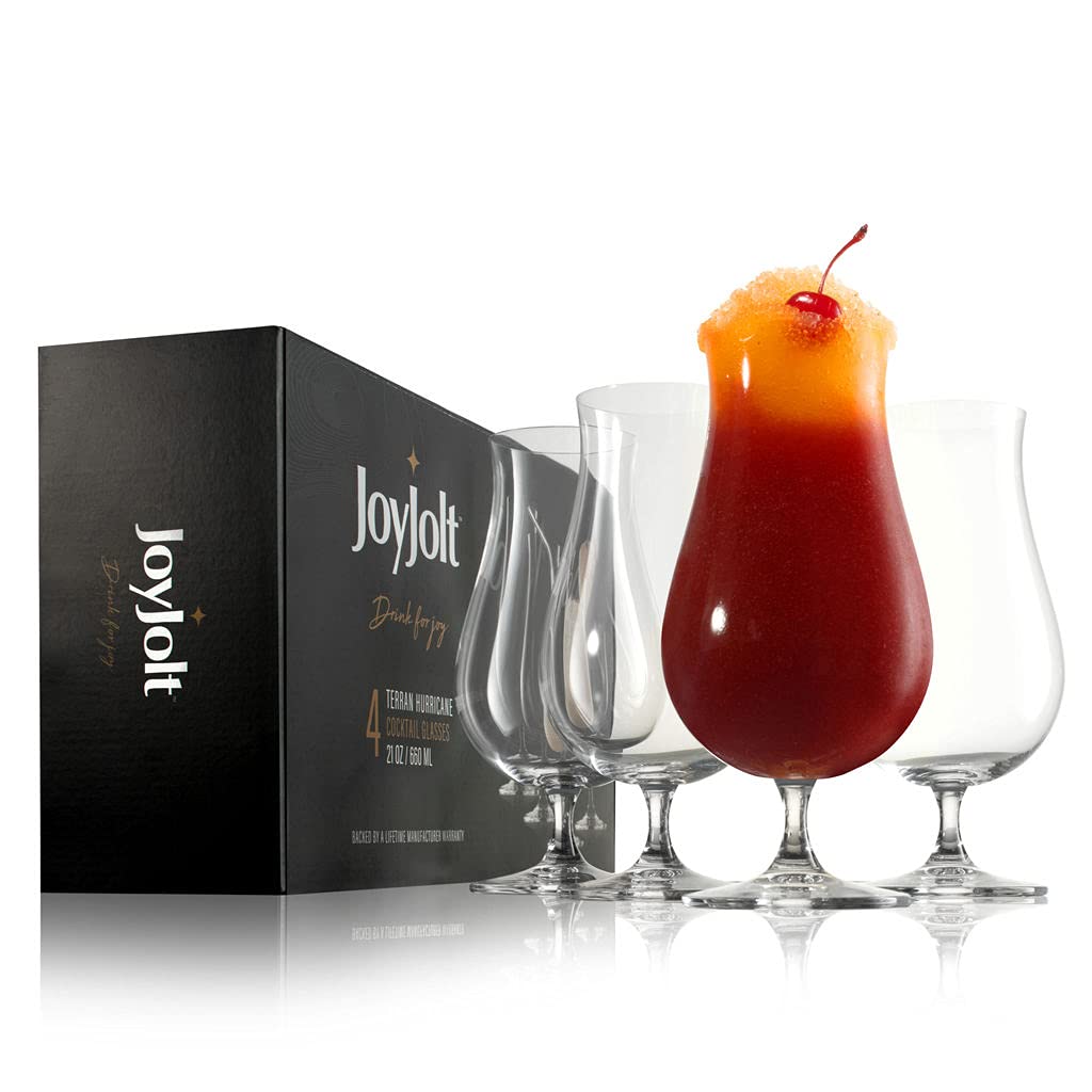JoyJoltTerran Pina Colada Glasses - Premium Hurricane Cocktail Glasses Made in Europe - 21-Ounce l Crystal Drinking Set - Set of 4 Hurricane Glasses Cocktail Set, ideal for Refreshing Cocktails