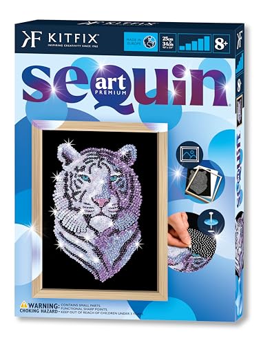 Kitfix - Sequin Art Tigre des neiges avec cadre en bois - 27 x 36 cm - Sequin Art Blue Premium - Image à paillettes - Kit de création pour adolescents, adultes et...