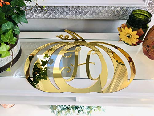 DistinctAndUnique (Gold Mirror Acrylic, J) Halloween Pumpkin Monogram Door Hanger - Seasonal Decorative Wreath Decor Personalized Letters Rustic Fall Autumn Decoration