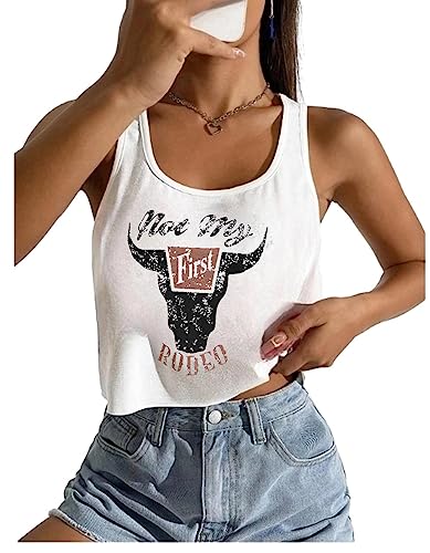 Womens Sexy Not My First Rodeo Crop Tops Loose Fit Cropped Tank Tops for Teen Girls(White M)