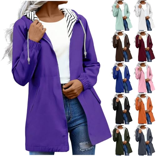 GOHRSHA Travel Jacket for Women Rain Jacket Women Striped Lined Waterproof Lightweight Hooded Wind Proof Rain Trench Coats Long Windbreaker Raincoat Mommy and Me Outfits