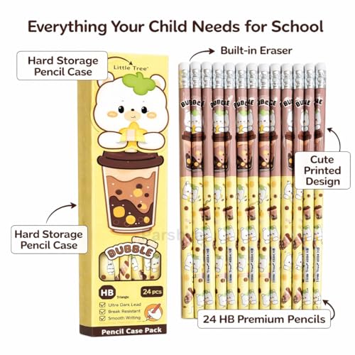 Image of KiddieWorld Cute HB Pencils Pack of 24 with Storage Case & Eraser | Dark Writing Break Resistant Graphite | Kids School Stationery, Homework, Drawing, Birthday Return Gift Set