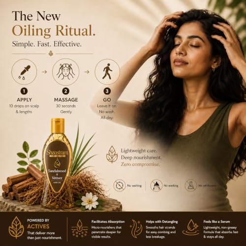 Image of Sandalwood & Vetiver Herbal Hair Oil (works like a serum) with Neem Comb | Lightweight Leave-On Oil with Active Botanical Infusion | Helps Cool Scalp, Relieve Itchy & Dry Scalp, Strengthen Roots & Control Frizz | Non-Sticky Hair Oil | 180 ml