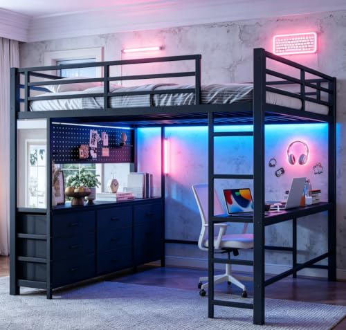 Image of Bellemave Metal Queen Loft Bed Frame with Desk, Storage Drawers,USB,Mirror for Adults,Kids,Teens,Black