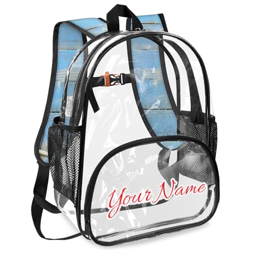Personalized Small Clear Backpack Stadium Approved Heavy Duty PVC Plastic Custom Transparent Backpacks See Through Bag with Name, Ocean Beach Theme2