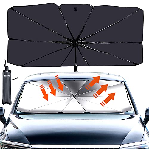 Sfee Car Sun Shade for Windshield, Car Umbrella Sun Shade Cover Foldable UV Rays and Heat Sun Visor Protector UV Block Front Window Sun Shade for Car Windshield Fit Most Vehicle + Storage Bag(L)
