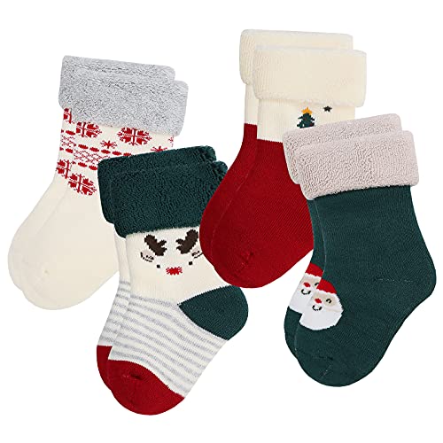 Baby Christmas socks 4 Pack 3-6 -12-18-24 months for boy girl babies Infant cotton fuzzy sock Gifts4