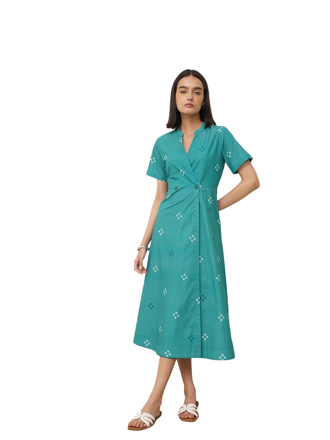 pink fort Women Casual Dress | Flattering Wrap Fit V-Neck Short Sleeve Geometric Print | Breathable Cotton Fabric with Pockets for Summer Outings & Vacation Wear | Teal-picture-0