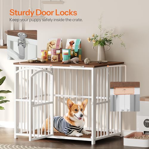 HOOBRO Foldable Dog Crate Furniture, 31.5" Indoor Dog Kennel No Assembly, Wooden Dog Cage Decorative Side End Table, for Medium Small Dogs, White and Walnut WH86GW03 - Image 5