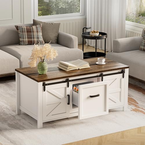 Aauro Home Coffee Table with Fridge (Fridge Included) Farmhouse Coffee Table with Sliding Barn Door Rustic Center Table with Adjustable Shelf Antique White