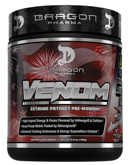 DRAGON PHARMAVenom Extreme Potency Pre-Workout, Laser Sharp Focus + Energy, Intense Performance, Proven Ingredients for Enhanced Vasodilation & Endurance (40 Servings, American Juice)