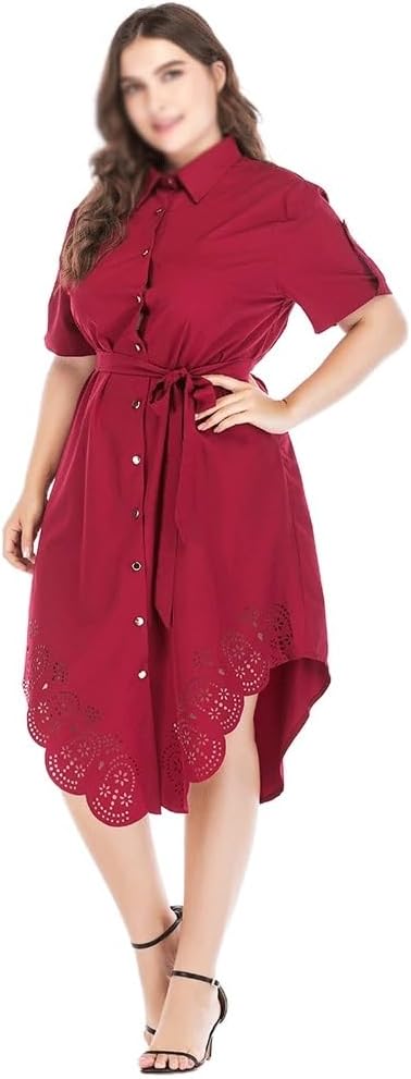 JSEIAJB Women Casual Shirt Dress Irregular Hollow Out Sashes with Bottons Office Ladies Shirt Dress